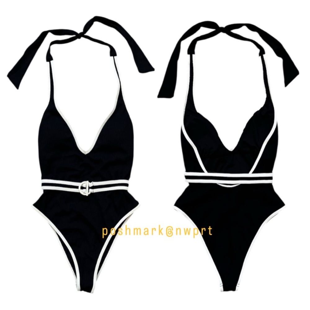 NWT 💯 L*Space Caicos One Piece Belted Halter Swimsuit Swimwear Black White XS - Picture 5 of 14